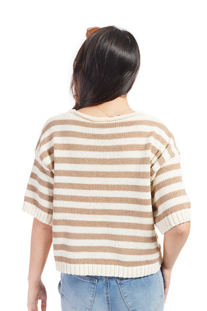 Women's Stripe Deep V-Neck Short Sleeve Knit Top- Mocha