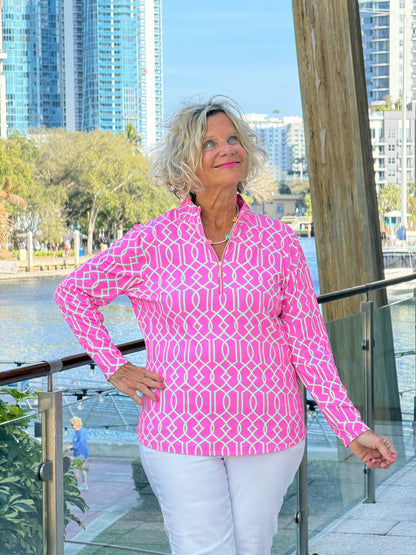 LULU B PALM BEACH LATTICE HALF ZIPPER TOP