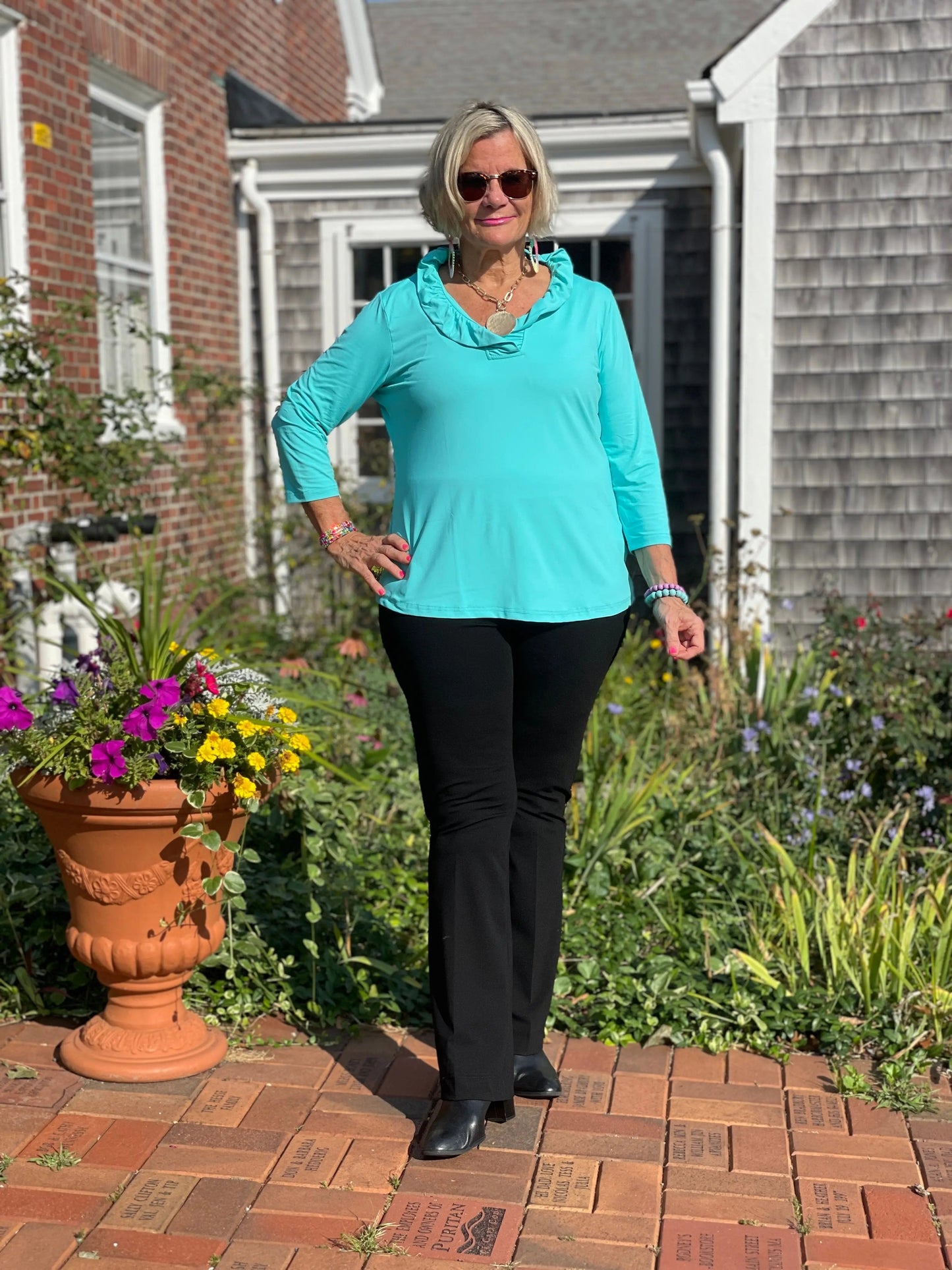 LULU-B SOLID AQUA RUFFLE TOP