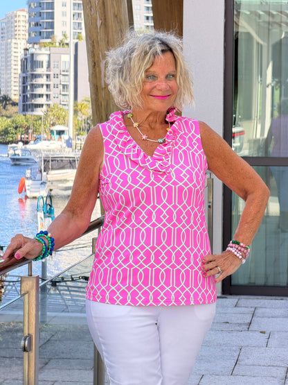 LULU B PALM BEACH LATTICE SLEEVELESS RUFFLE TOP