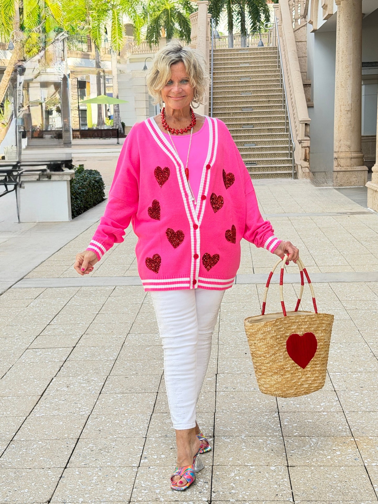 Faux Straw Heart Tote BAg