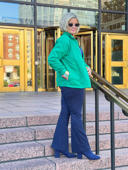 Crystal Zipper Cardigan with Collar Kelly Green