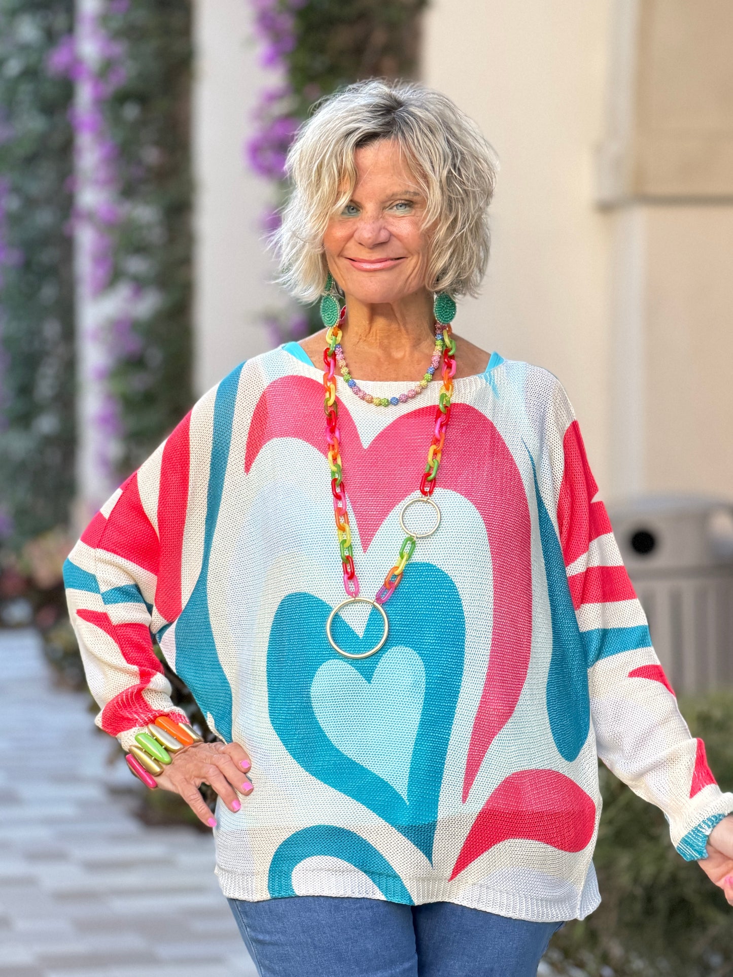 Beige Heart Round Knit Printed Sweater