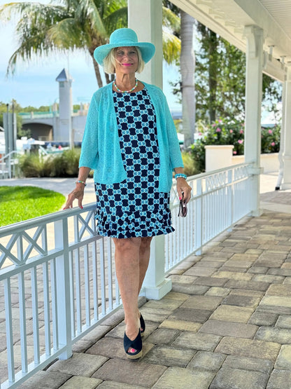 LULU B NAVY MEDALLION SHIFT RUFFLE DRESS