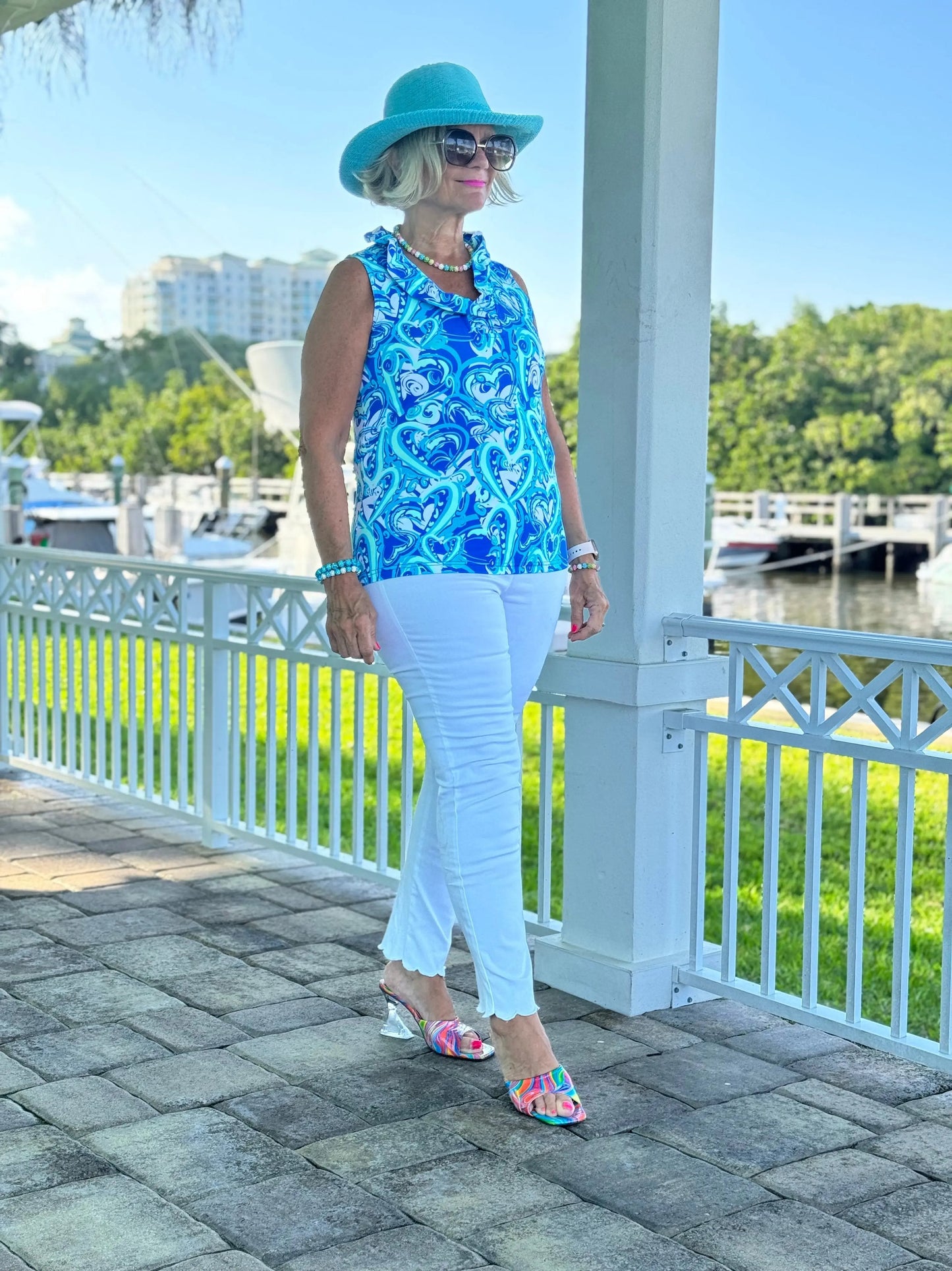 BLUE DREAMING HEARTS SLEEVELESS RUFFLE TOP