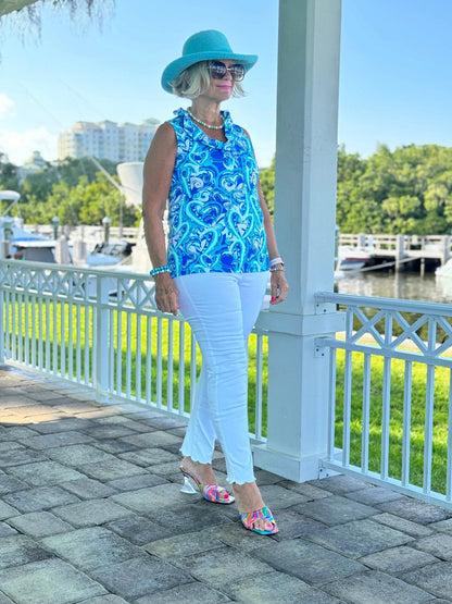 BLUE DREAMING HEARTS SLEEVELESS RUFFLE TOP