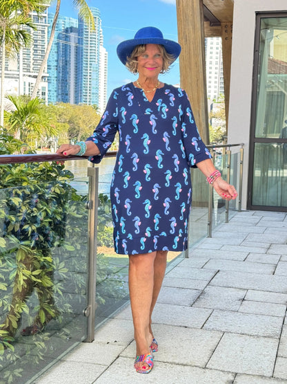 LULU B MIDNIGHT REEF NOTCH SLEEVE DRESS