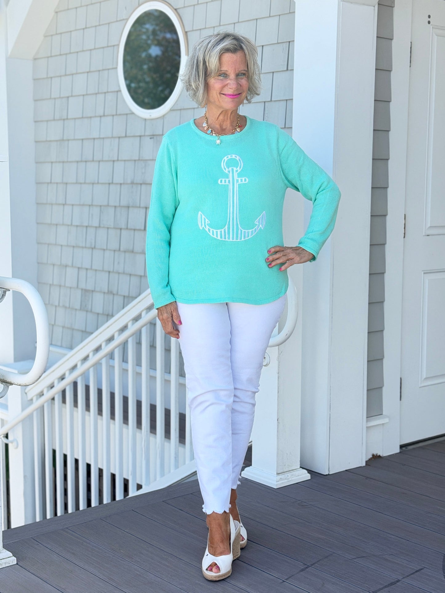 DOCKSIDE NAUTICAL SEAFOAM NAUTICAL STRIPE SWEATER
