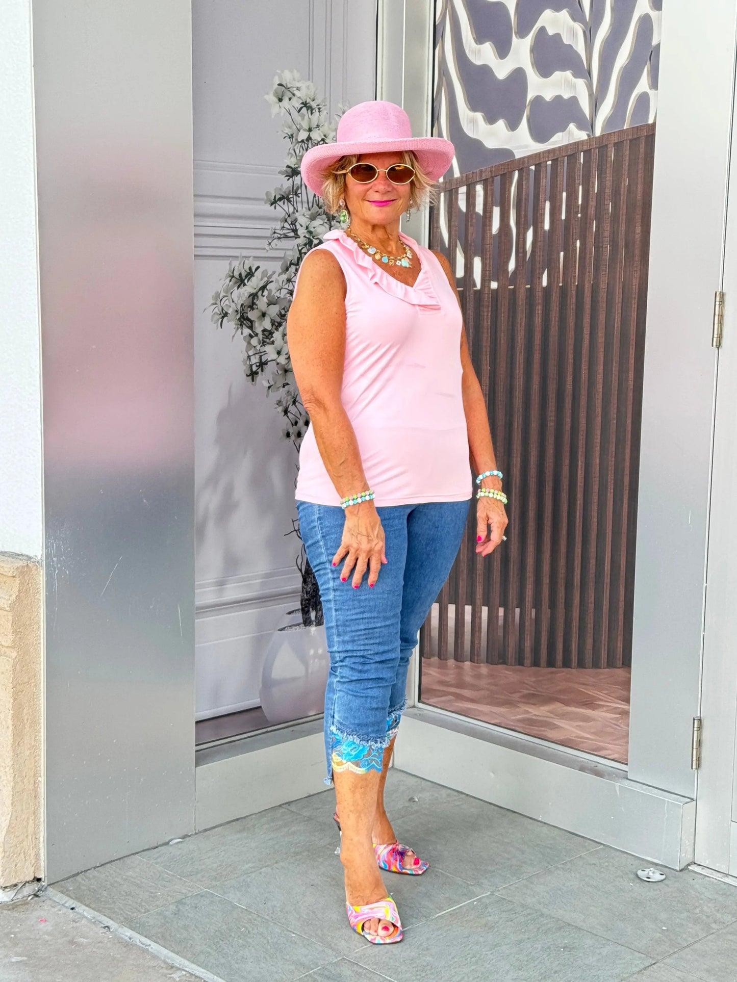 CLEAR PINK SLEEVELESS RUFFLE