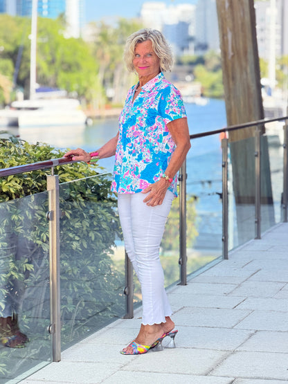 LULU B PALM BEACH SPLASH COLLAR SHORT SLEEVE