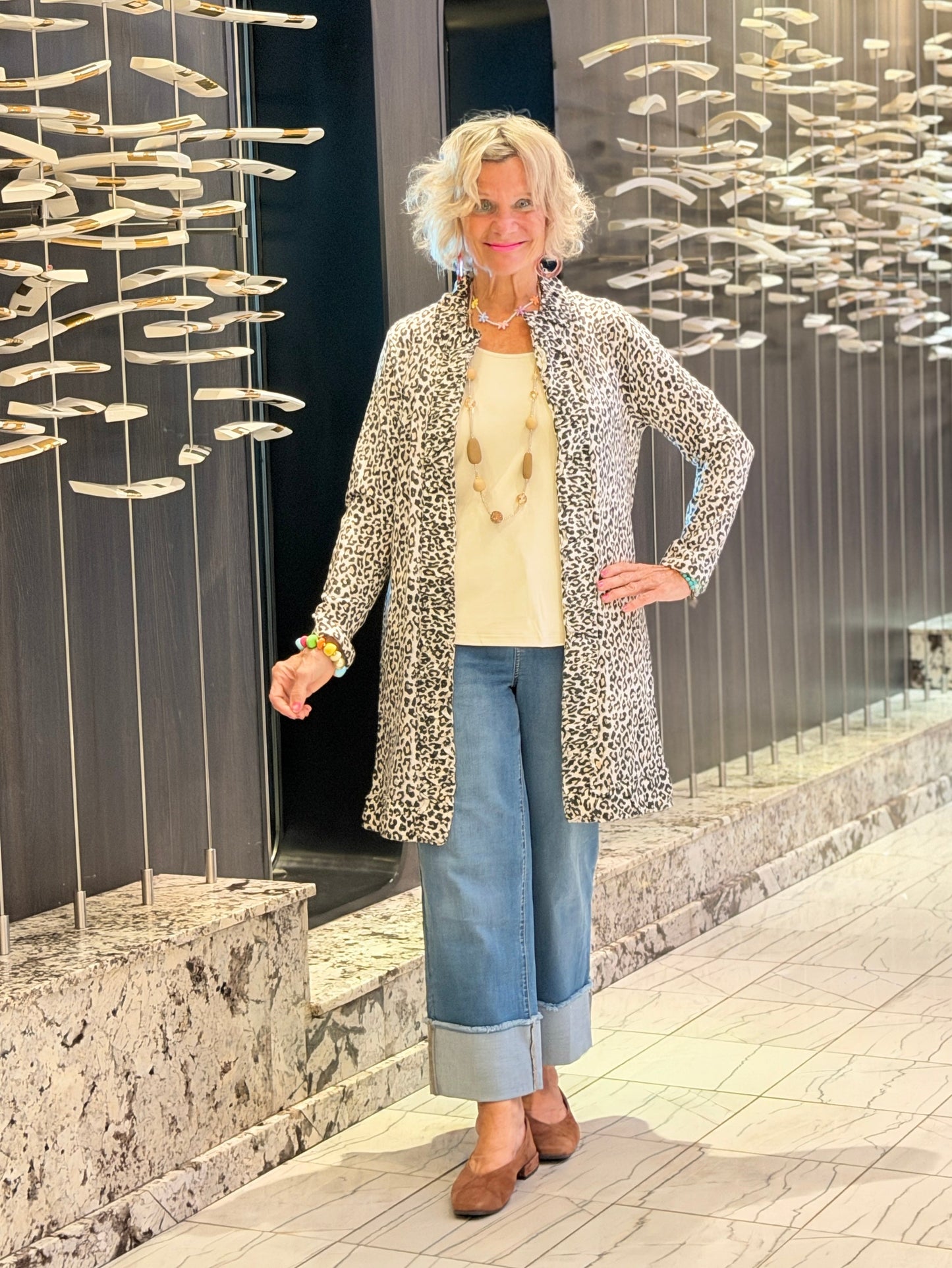 LULU-B CHEETAH WINTER WHITE ROUGED CARDIGAN