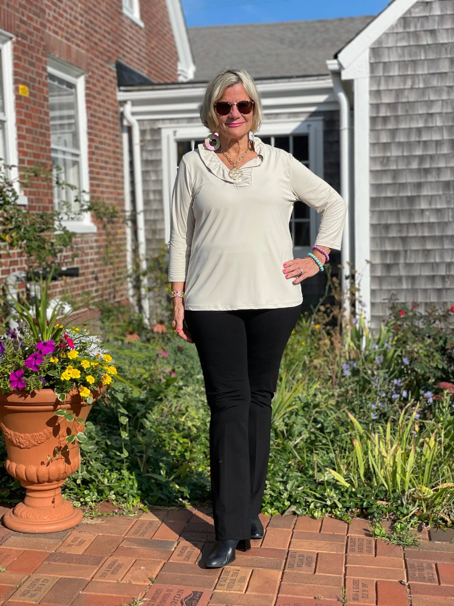 LULU-B SOLID STONE RUFFLE TOP