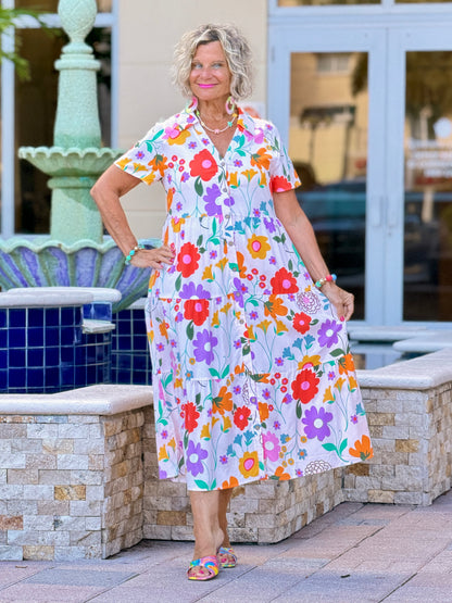 Casual Bohemian WHITE high-waisted color contrast dress