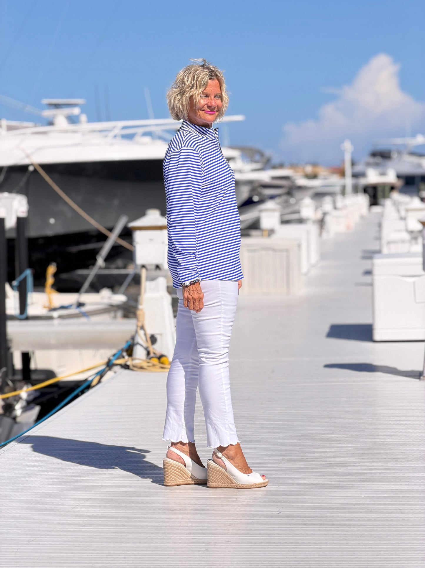 HARBOR BLUE STRIPED HALF ZIPPER TOP