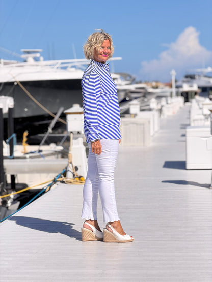 HARBOR BLUE STRIPED HALF ZIPPER TOP