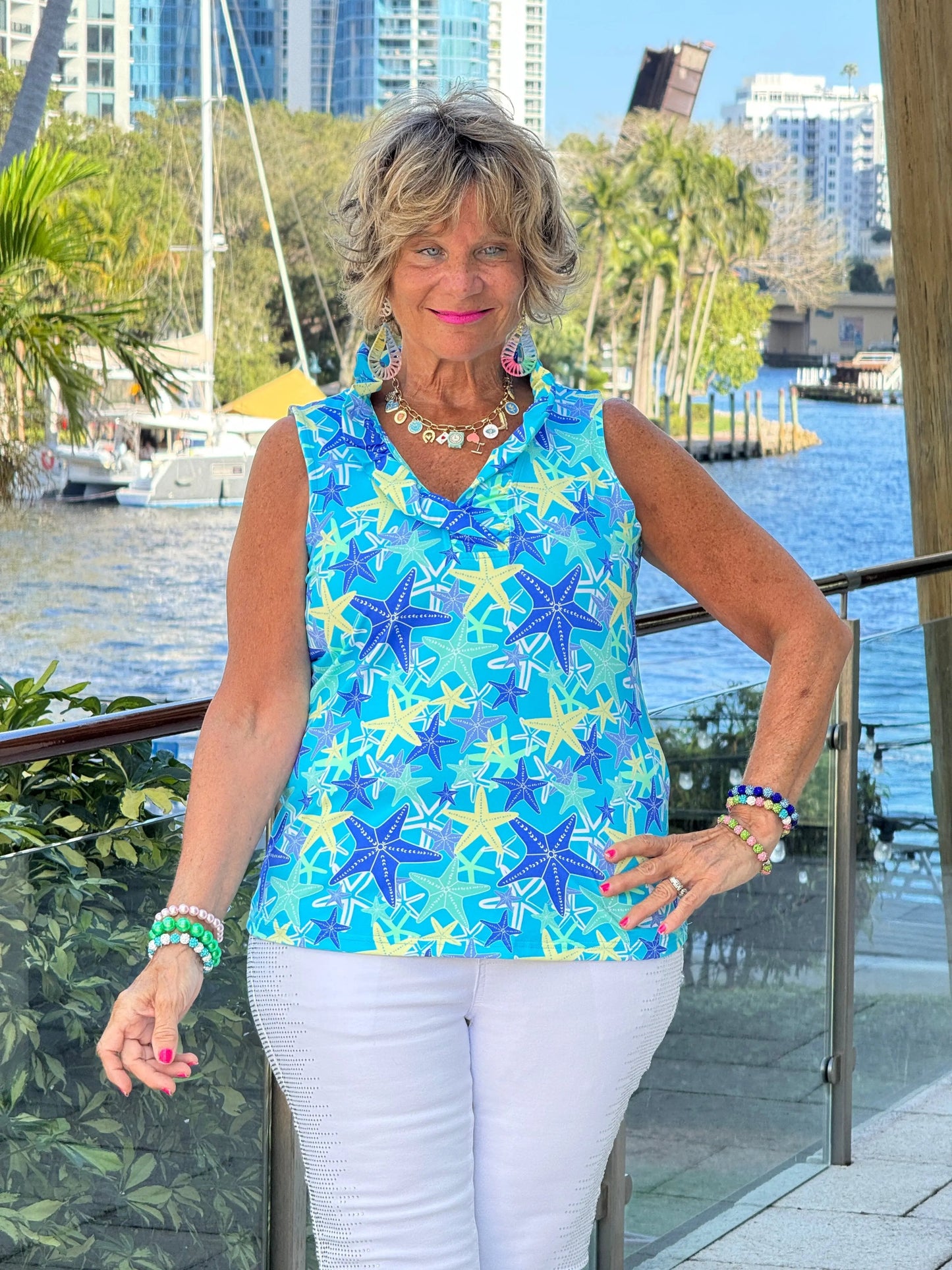 LULU B STARFISH SPLASH SLEEVELESS RUFFLE TOP