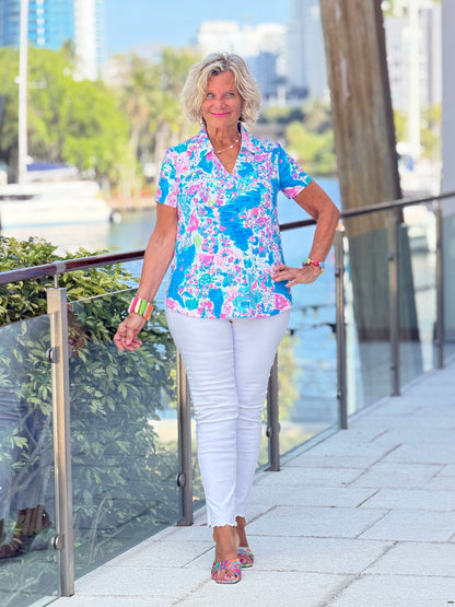LULU B PALM BEACH SPLASH COLLAR SHORT SLEEVE