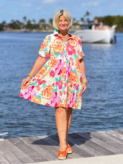 Fashion-W Floral Short Sleeve Buttoned Babydoll BOHO Dress