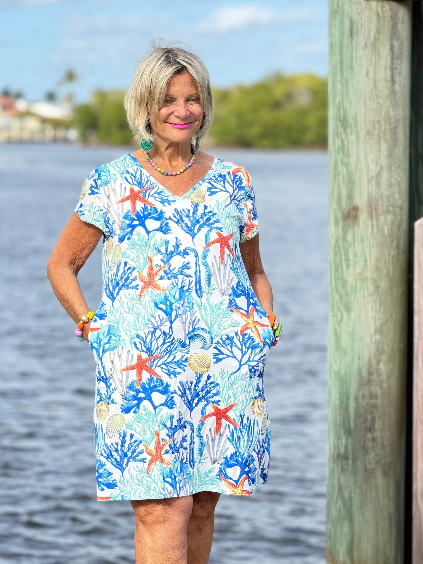 CORAL REEEF V NECK SLEEVE UPF + 50 DRESS