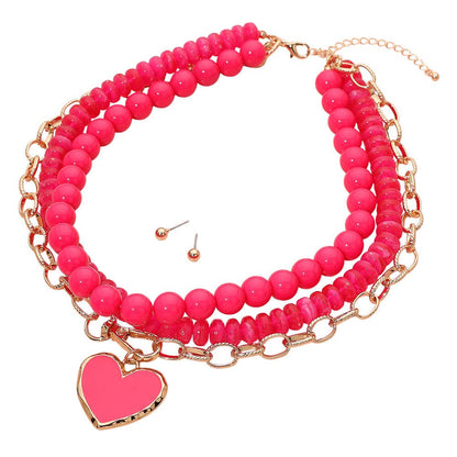 Enamel Heart Pendant Accent Chunky Beaded Layered Statement Necklace