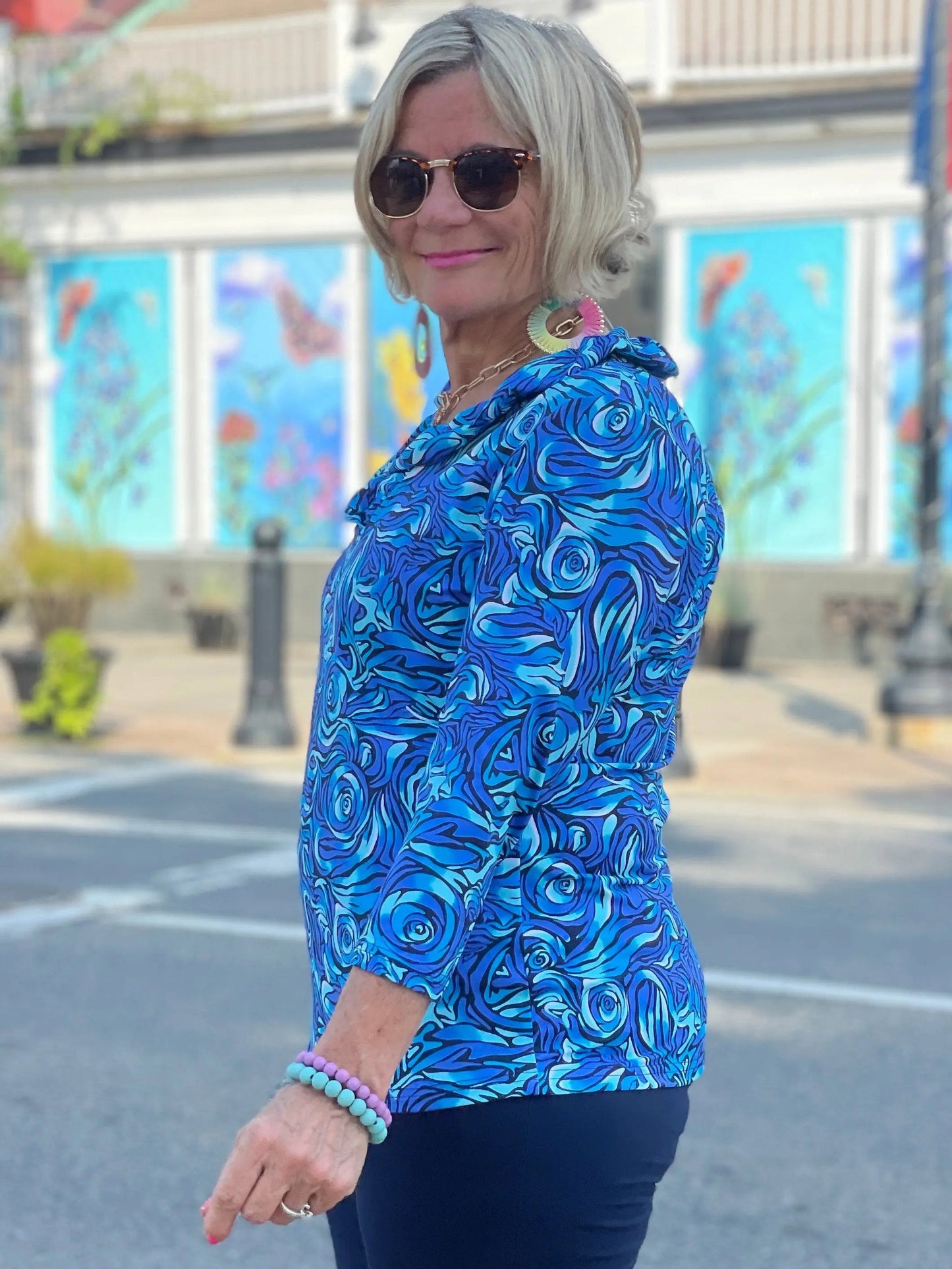 FANTASTIA BLUE RUFFLE SLEEVE TOP
