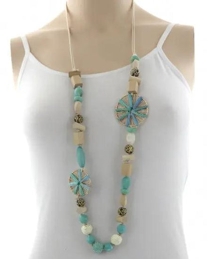 GLASS STONE THREAD WOOD LONG NECKLACE