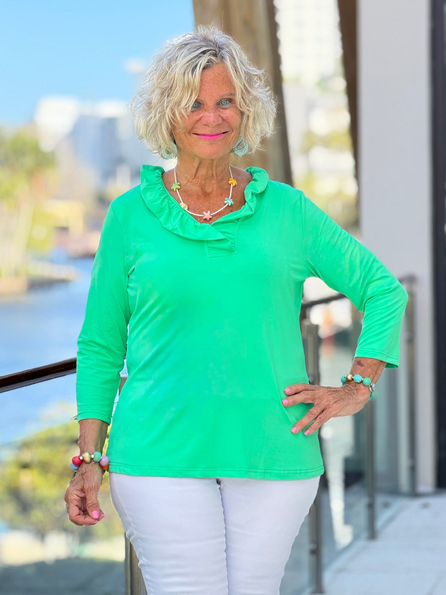 COASTAL GREEN RUFFLE SLEEVE TOP