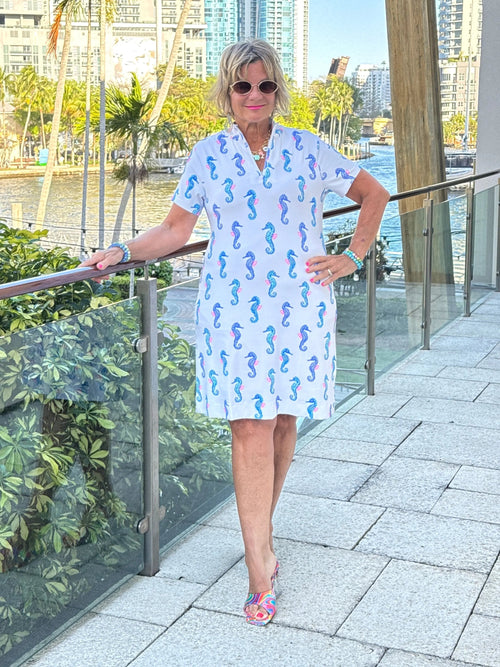 LULU B SHORELINE CHARM HALF ZIPPER SHORT SLEEVE DRESS