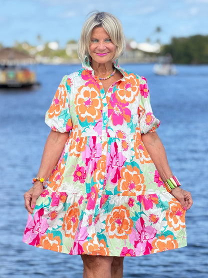 Fashion-W Floral Short Sleeve Buttoned Babydoll BOHO Dress