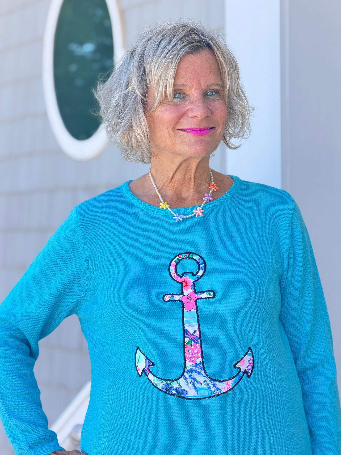 BEACH CLUB AQUA CAPE COD ANCHOR SWEATER