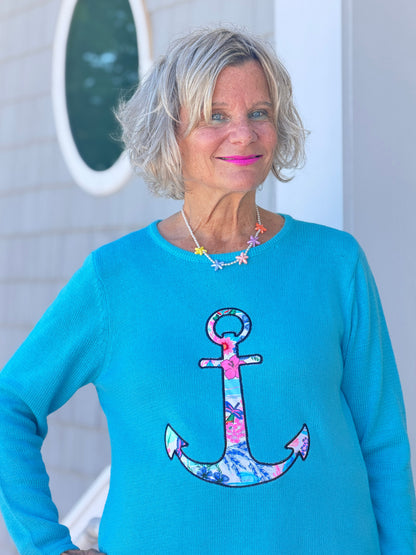 BEACH CLUB AQUA CAPE COD ANCHOR SWEATER