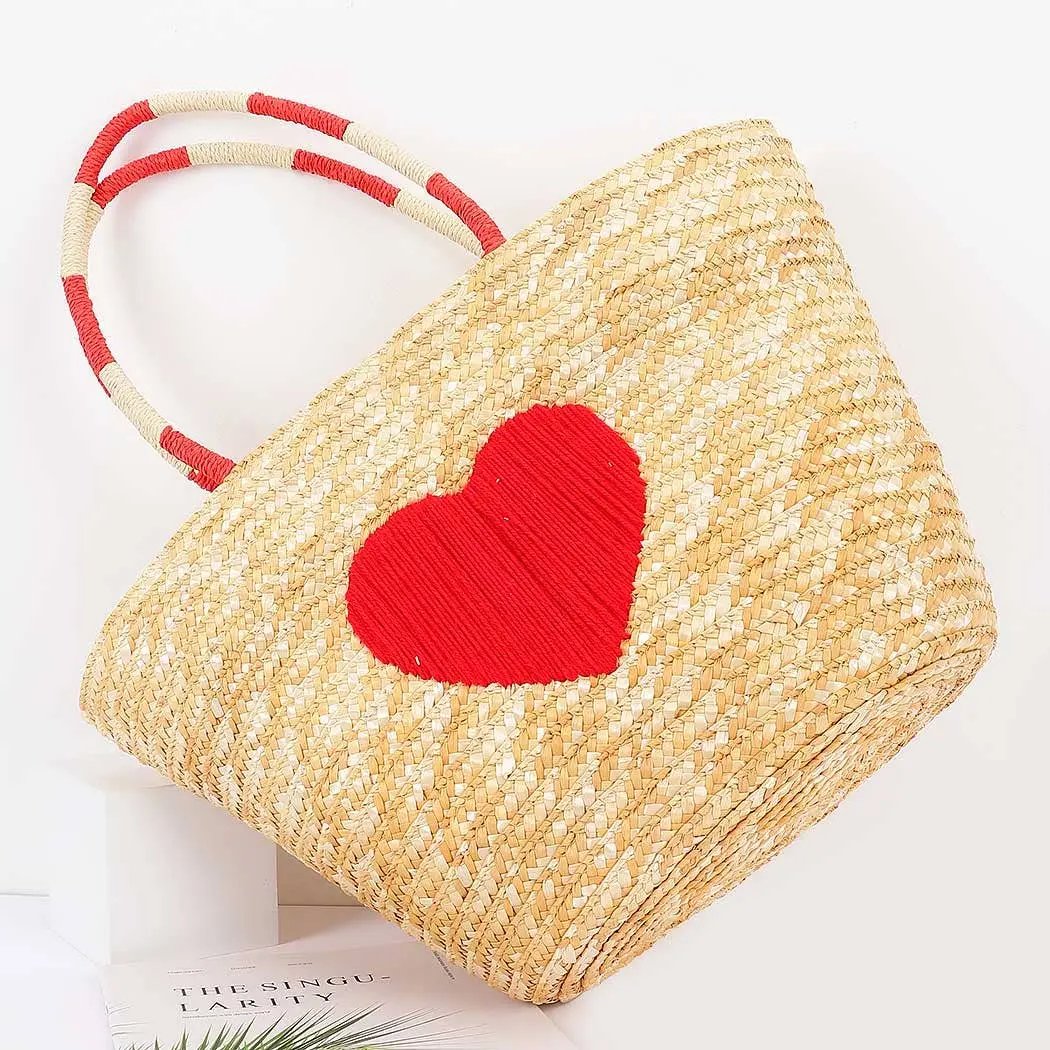 Faux Straw Heart Tote BAg
