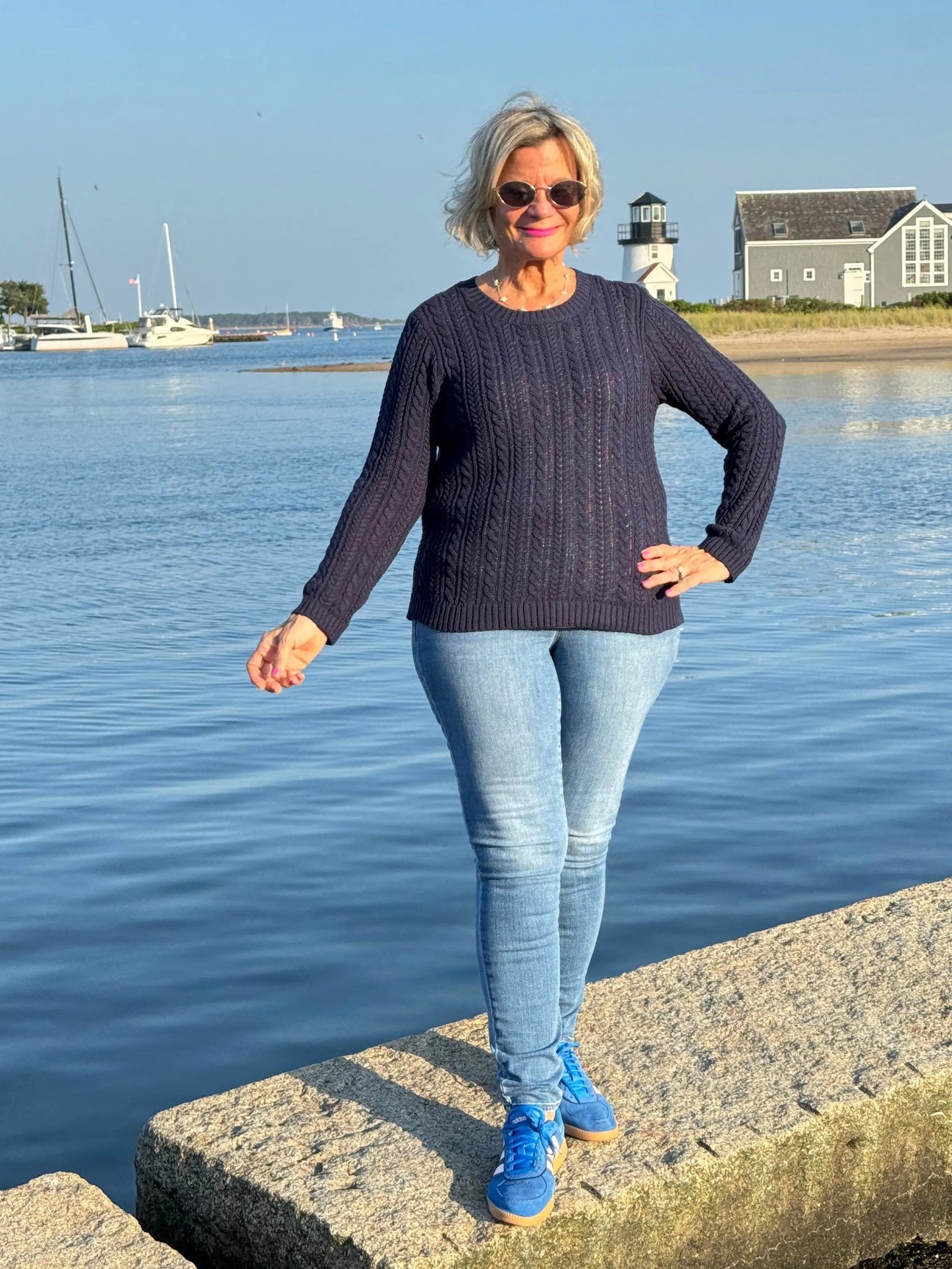 LULU-B NAVY CABLE CREW NECK SWEATER
