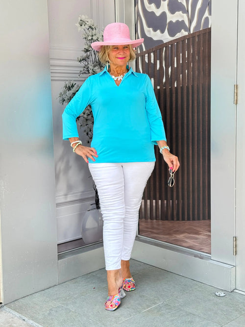 LULU-B SOLID AQUA COLLAR SLEEVE TOP