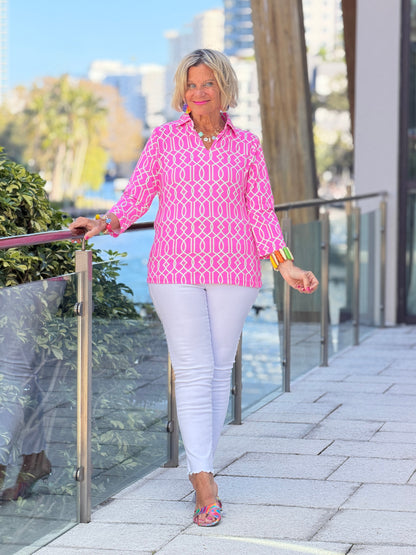 LULU B PALM BEACH LATTICE SLEEVE COLLAR TOP