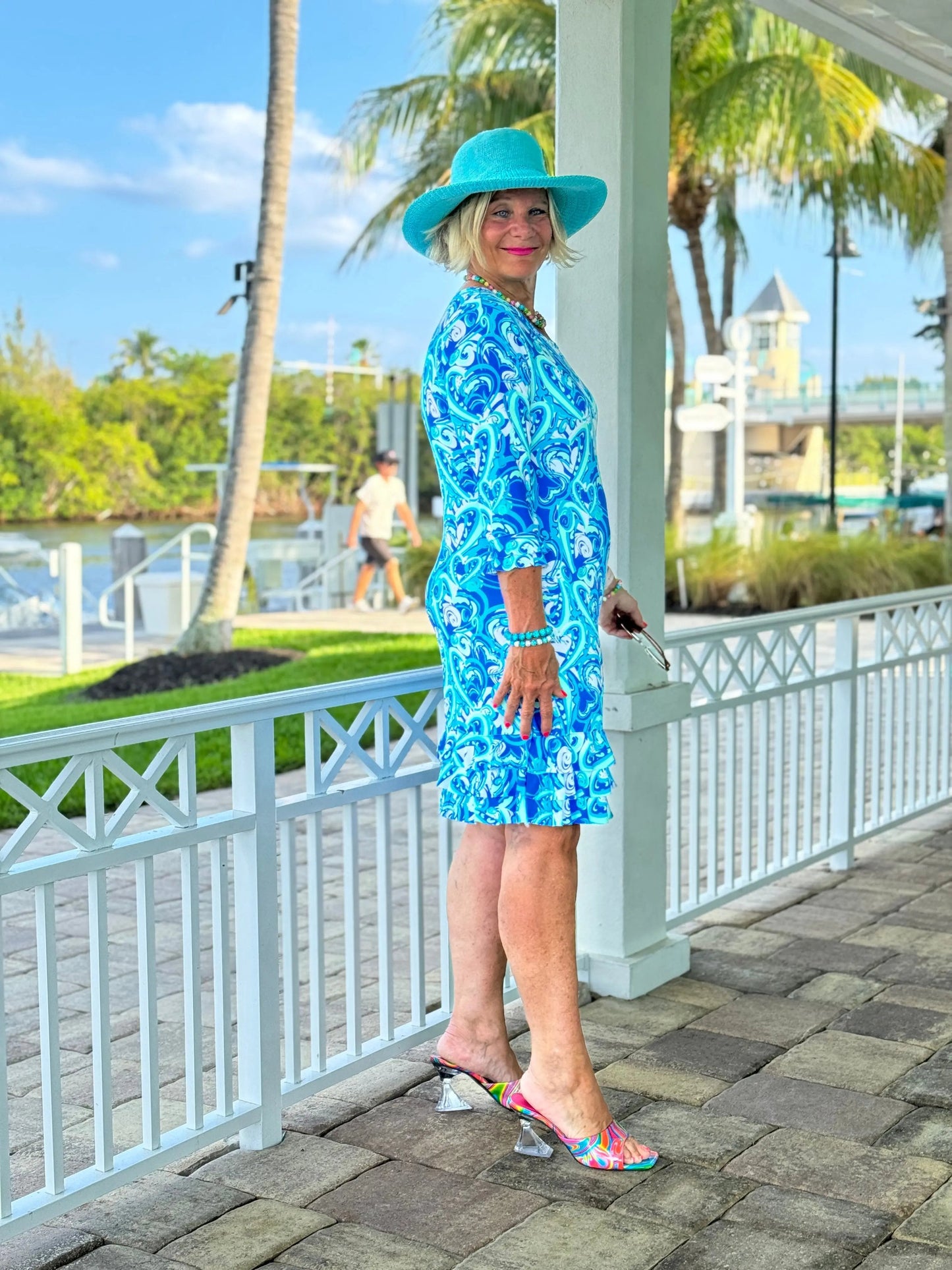 BLUE DREAMING HEARTS RUFFLE SLEEVE DRESS