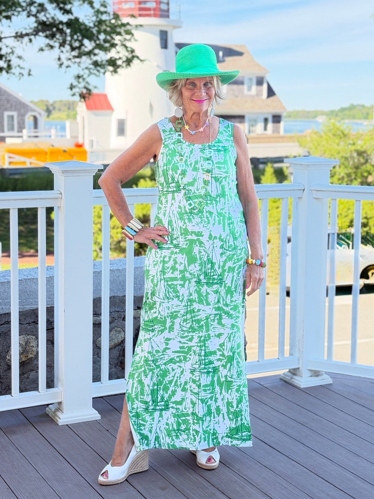 HARBOR  LIGHTS SAILBOAT GREEN MAXI DRESS