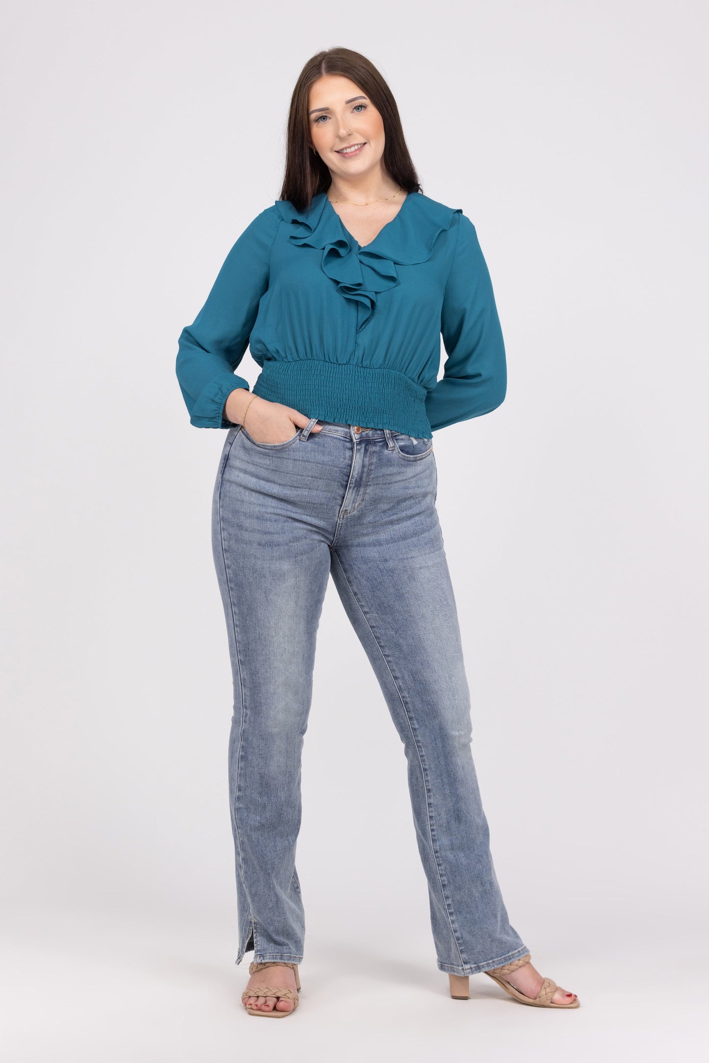 Love Collides Women's Ruffled Smocked Waist Long Sleeve Top