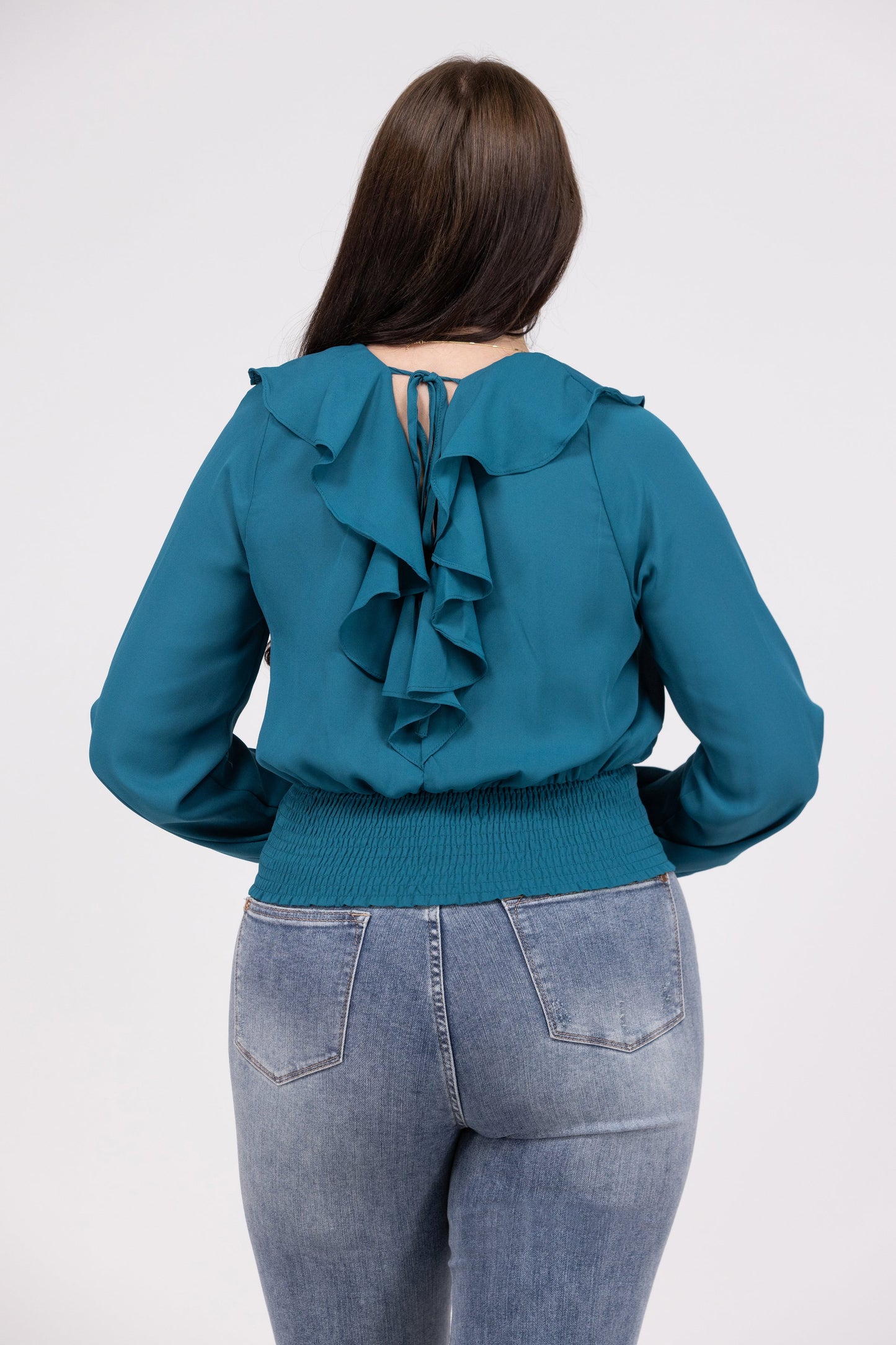 Love Collides Women's Ruffled Smocked Waist Long Sleeve Top