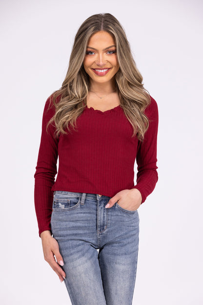 She's Got It Women's Ribbed Ruffle Long Sleeve Top