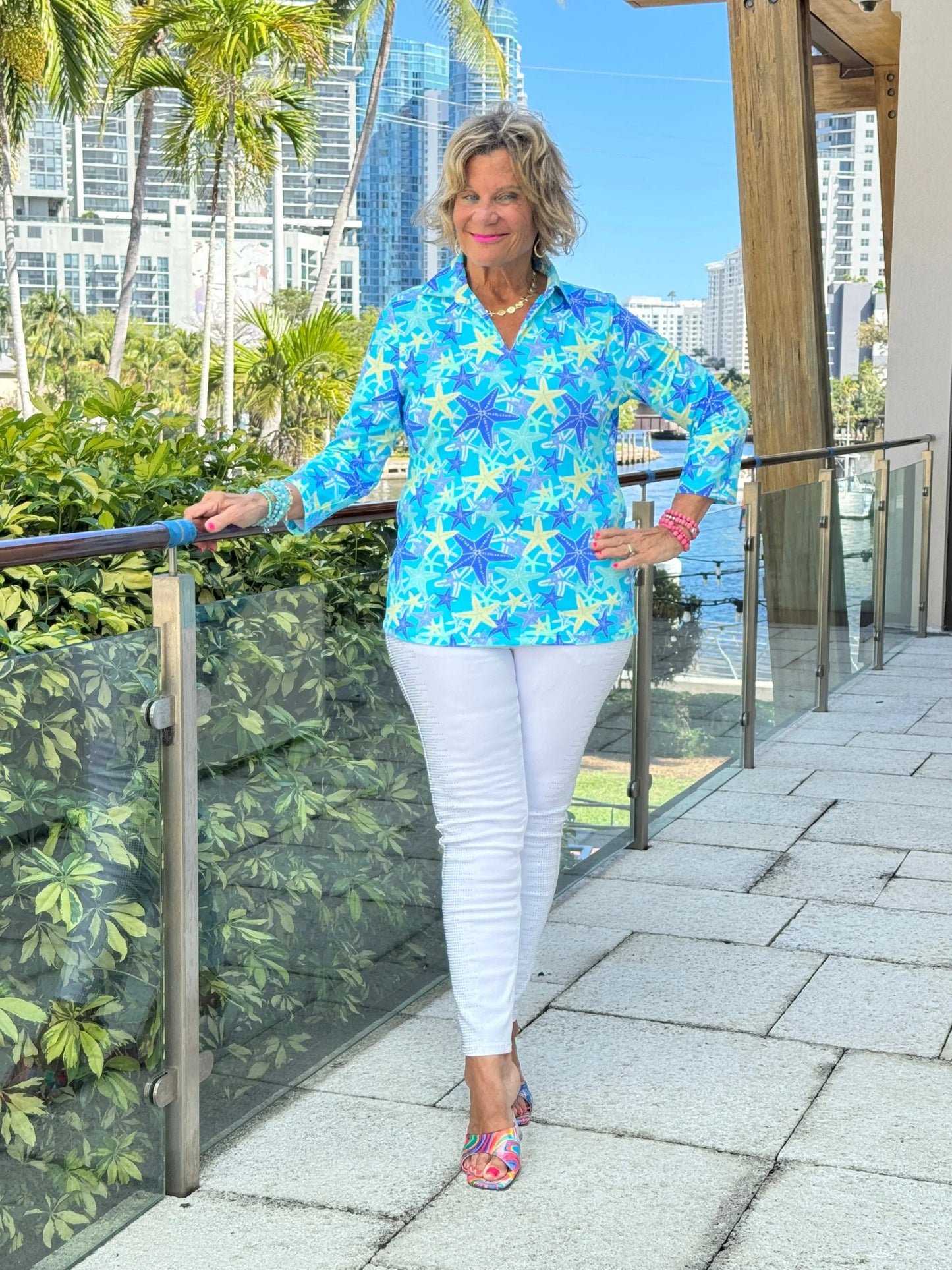 LULU B STARFISH SPLASH ZIPPER TOP