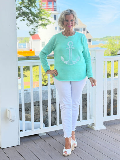 DOCKSIDE NAUTICAL SEAFOAM NAUTICAL STRIPE SWEATER