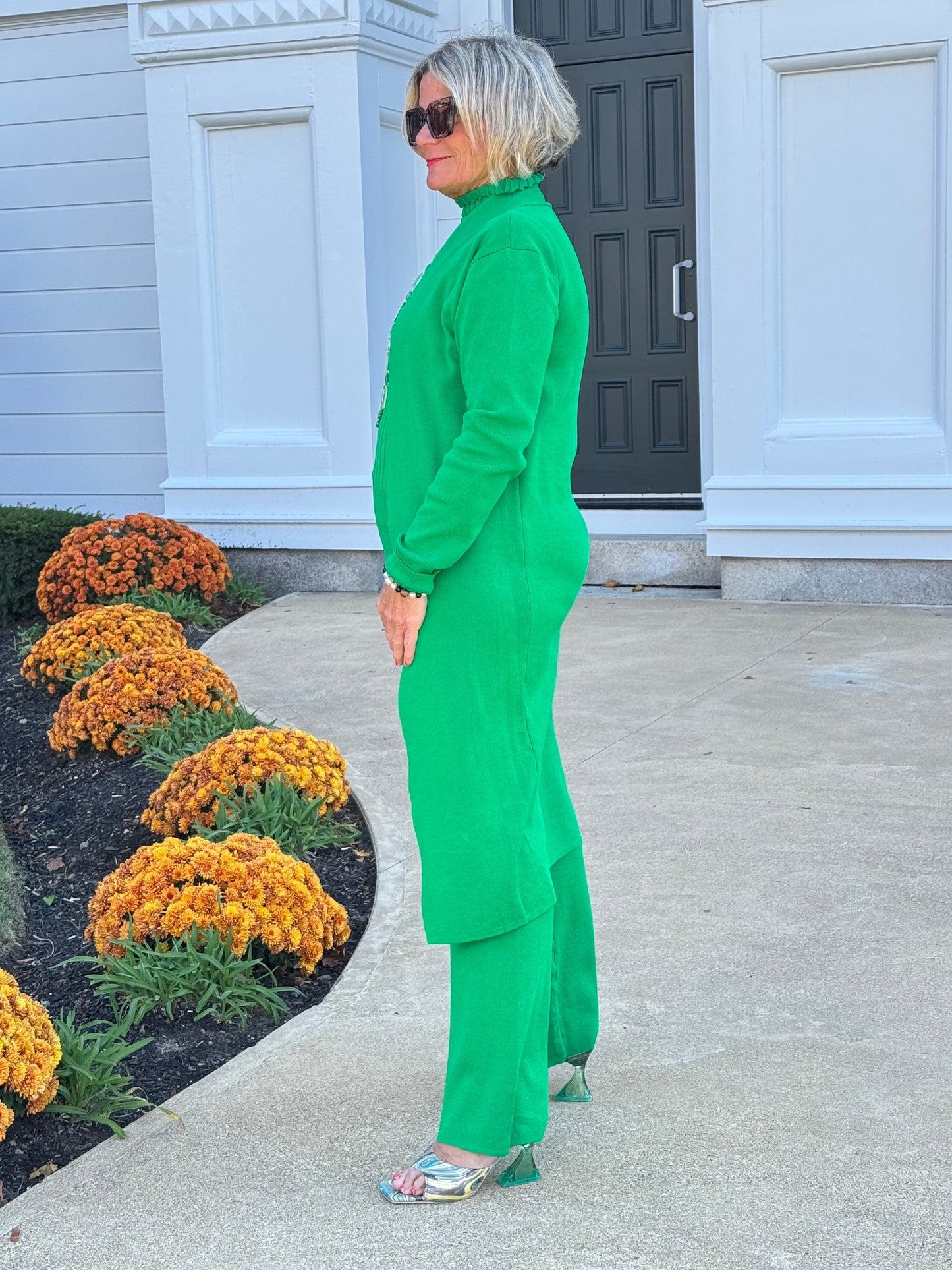 Ladies Solid Color Open Knit Cardigan & Pants 3PCS Set