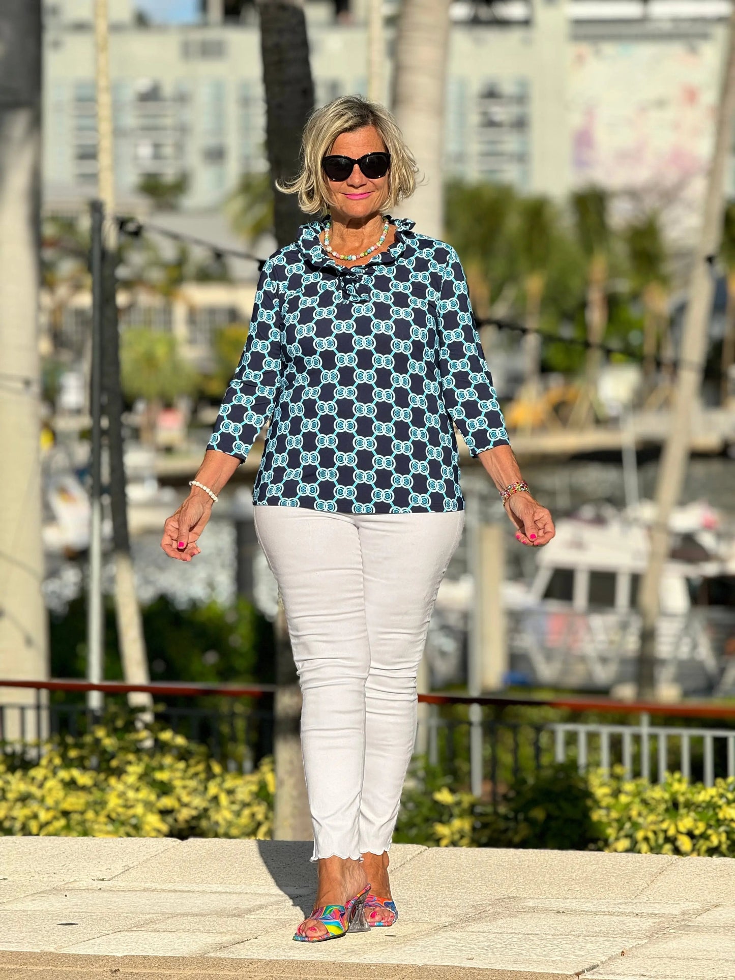BLUE MEDALLION RUFFLE SLEEVE TOP