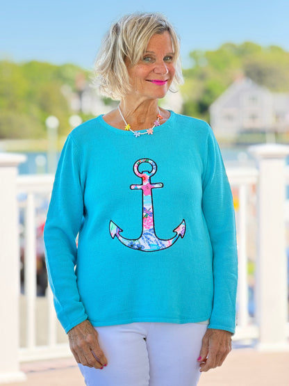 BEACH CLUB AQUA CAPE COD ANCHOR SWEATER