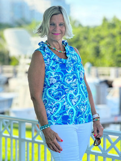 BLUE DREAMING HEARTS SLEEVELESS RUFFLE TOP