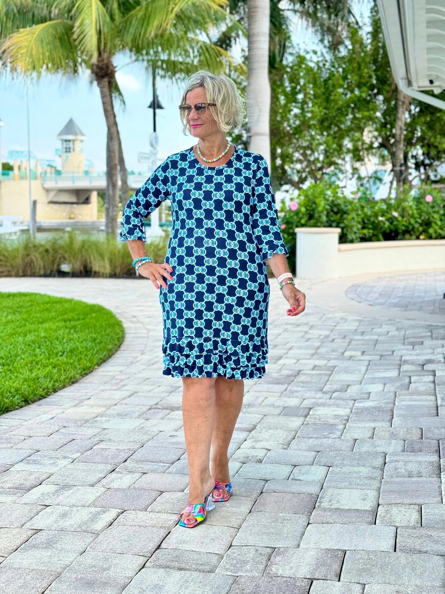 BLUE MEDALLION RUFFLE SLEEVE DRESS