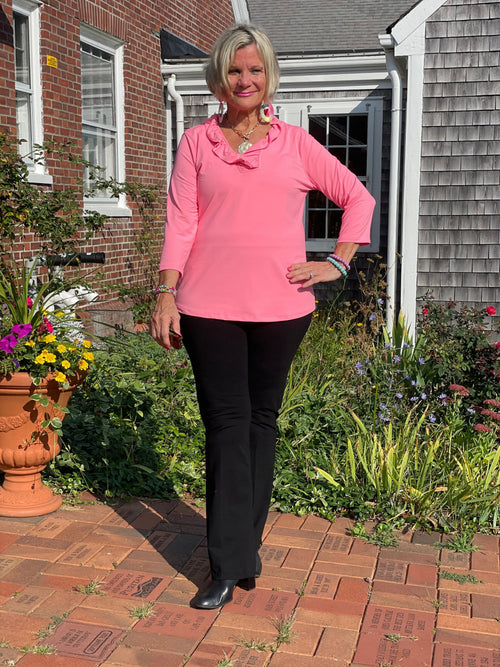 LULU-B SOLID CORAL RUFFLE TOP