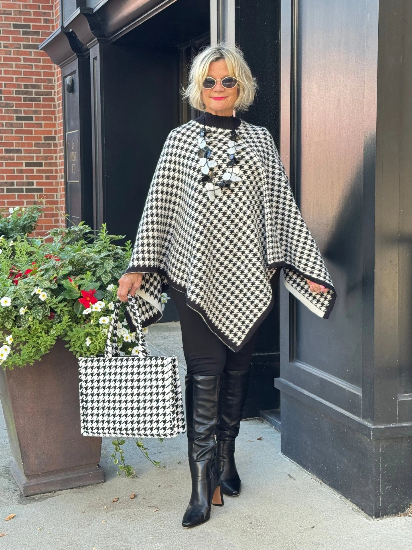 Houndstooth Knit Poncho Cape