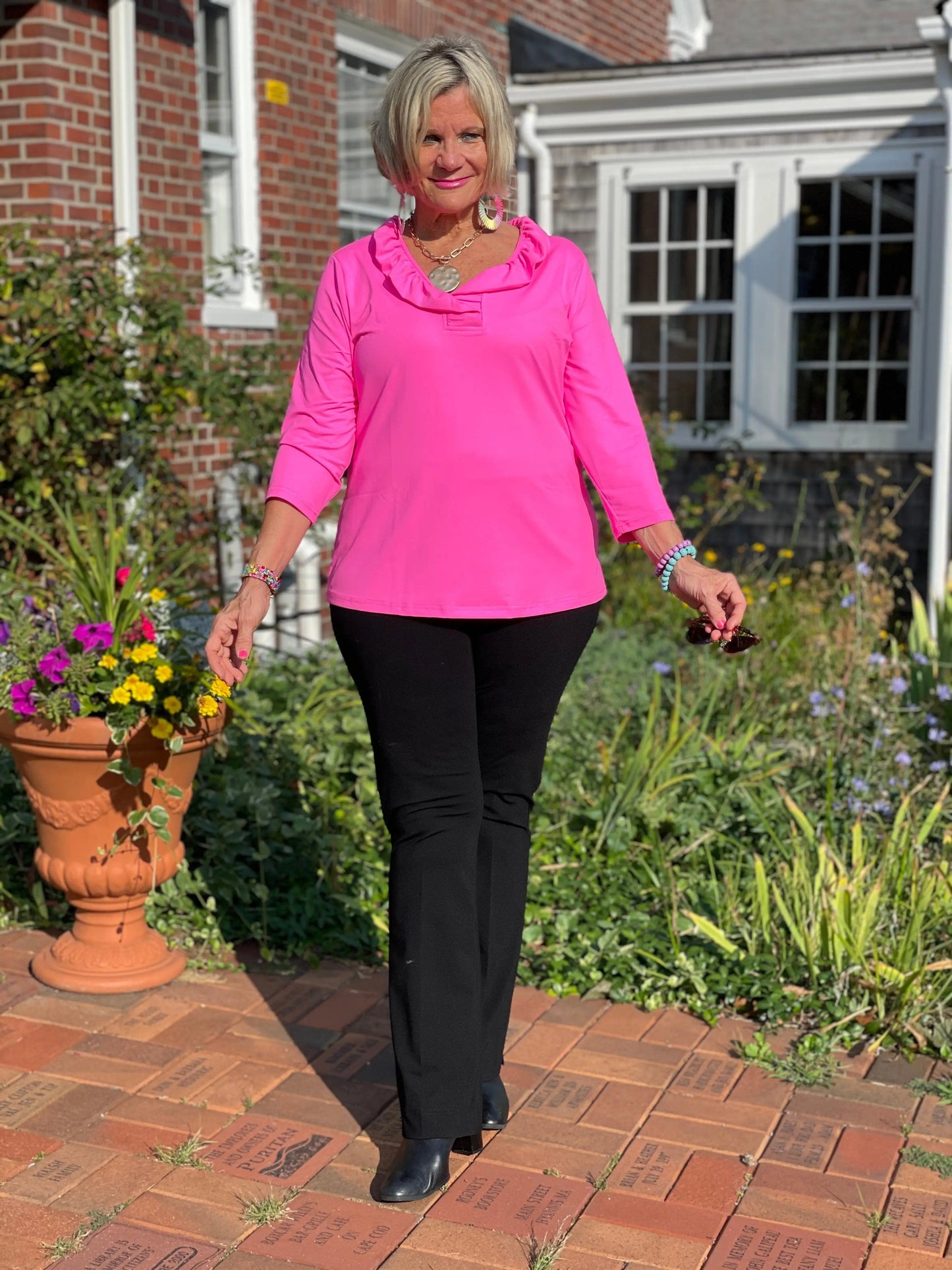 LULU-B HOT PINK SOLID RUFFFLE TOP
